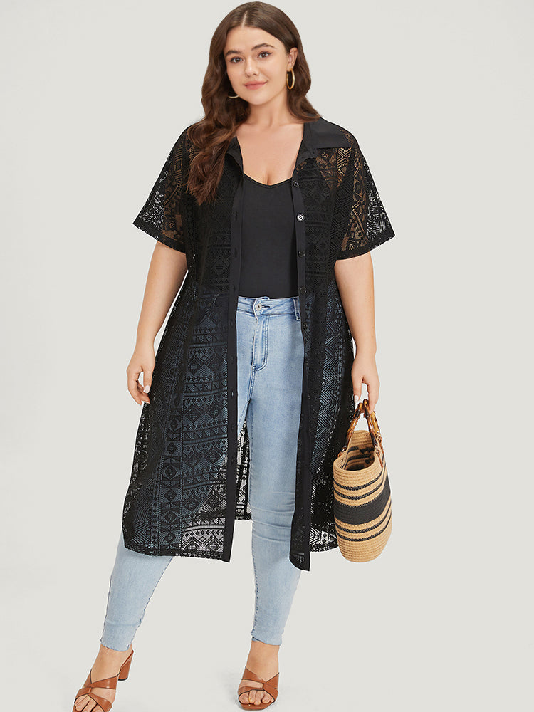 

Plain Shirt Collar Open Front Button Through Eyelet Lace Kimono BloomChic, Black