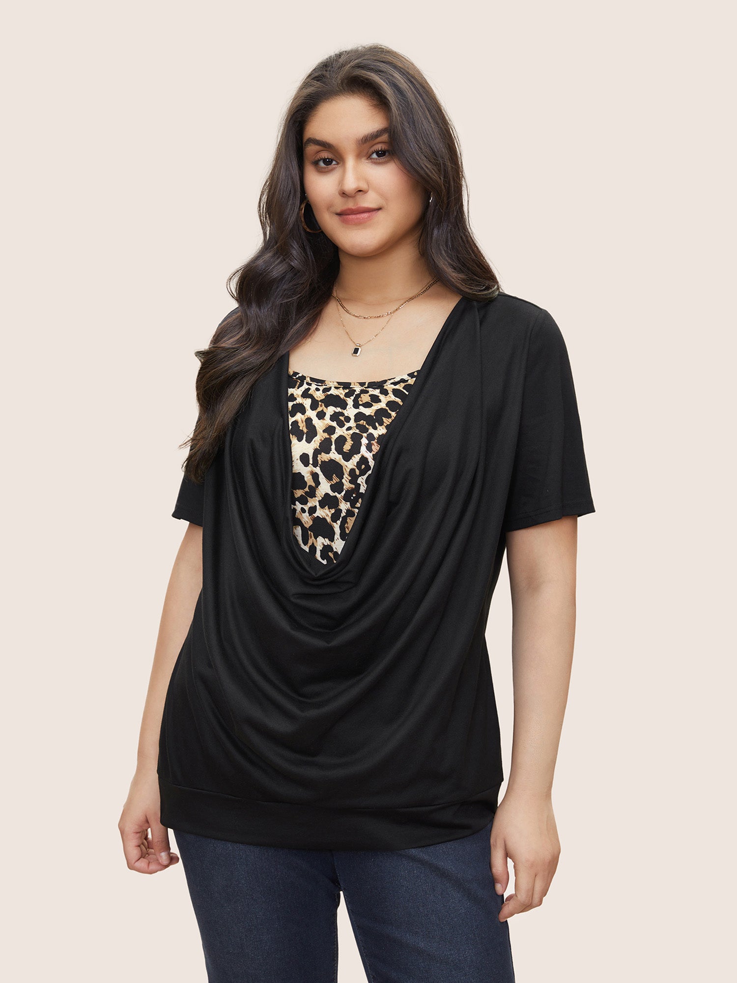 

Plus Size Women Everyday Leopard Patchwork Regular Sleeve Short sleeve Cowl Neck Casual T-shirts BloomChic, Black