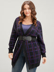 Plaid Contrast Soft Sexy Yarn Knit Fluffy Open Front Cardigan