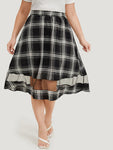 Tartan Pocket Mesh Patchwork Elastic Waist Skirt