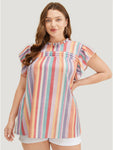 Striped Contrast Pleated Cap Sleeve Keyhole Frill Trim Blouse