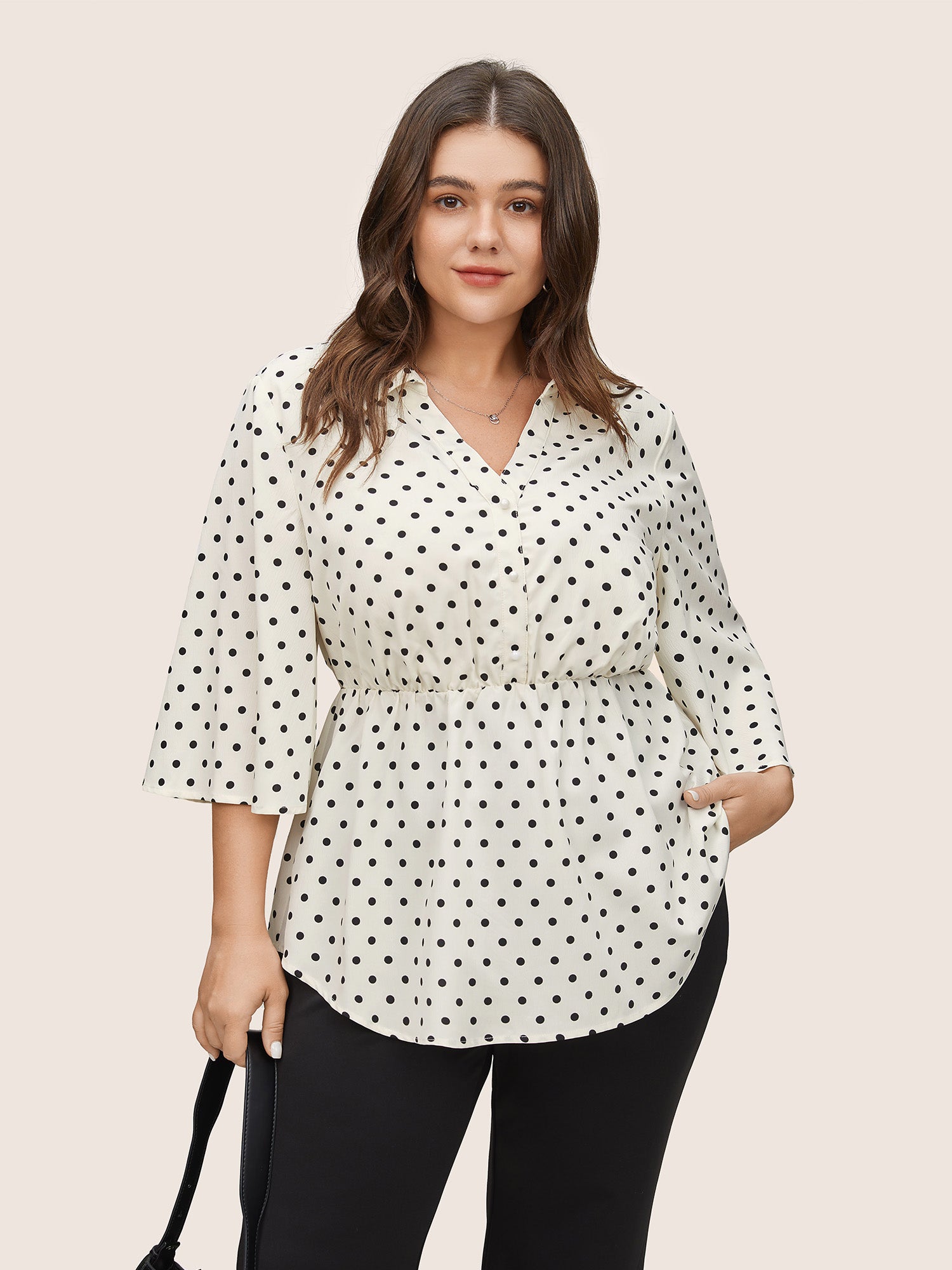 

Plus Size Women Work Polka Dot Button Ruffle Sleeve Elbow-length sleeve Shirt collar At the Office Blouses BloomChic, Lvory