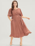 Round Neck Keyhole Belted Pocketed Flutter Sleeves Dress by Bloomchic Limited