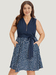 Pocketed Belted Polka Dots Print Sleeveless Dress
