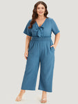 V-neck Pocketed Shirred Jumpsuit With a Bow(s)