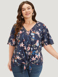 Floral Print V Neck Ruffle Sleeve Twist Hem Blouse