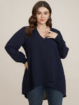 Solid V Neck High Low Hem Blouse