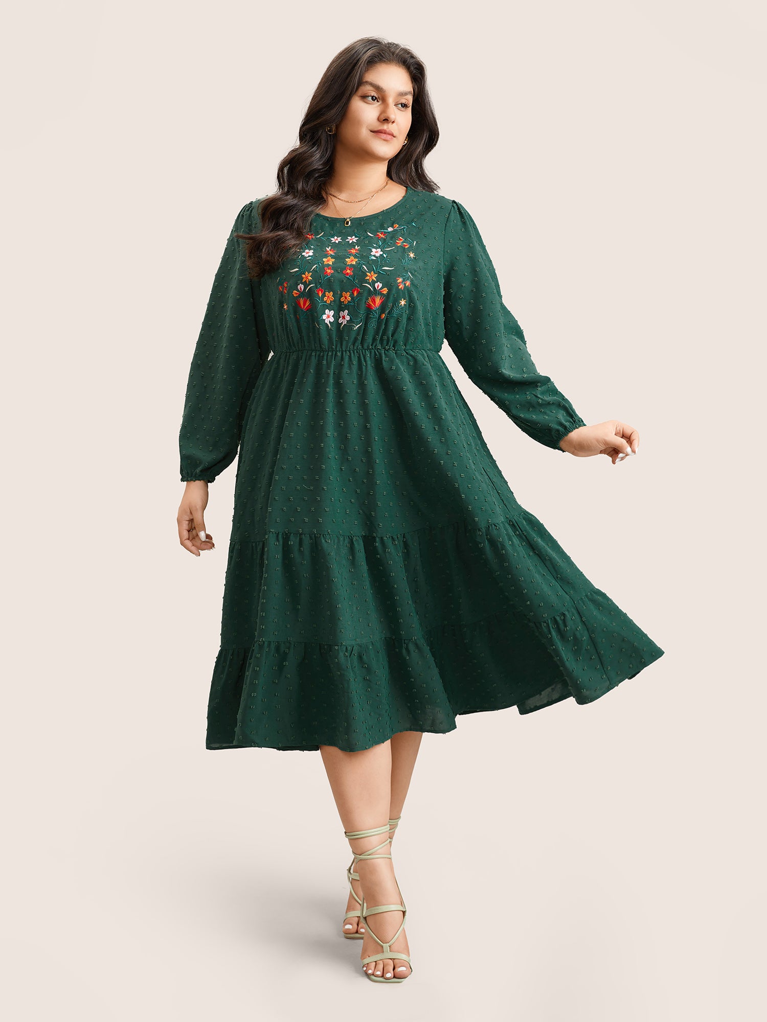 

Plus Size Women Vacation Ditsy Floral Texture Lantern Sleeve Long Sleeve Round Neck Pocket Vacation Dresses BloomChic, Emerald