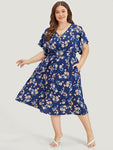 Batwing Sleeves Floral Print Dress With Ruffles
