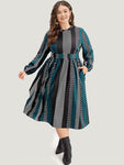 Polka Dot Patchwork Striped Pleated Lantern Sleeve Dress