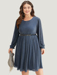 Crew Neck Glittering Pocketed Pleated Dress