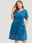 Dolman Sleeves Belted Pocketed Embroidered Notched Collar Dress