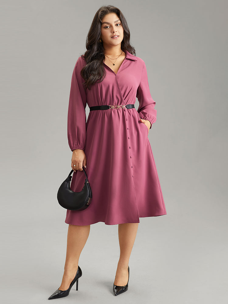 

Plus Size Women Work Plain Slit Lantern Sleeve Long Sleeve Lapel Collar Pocket Office Dresses BloomChic, Red-violet