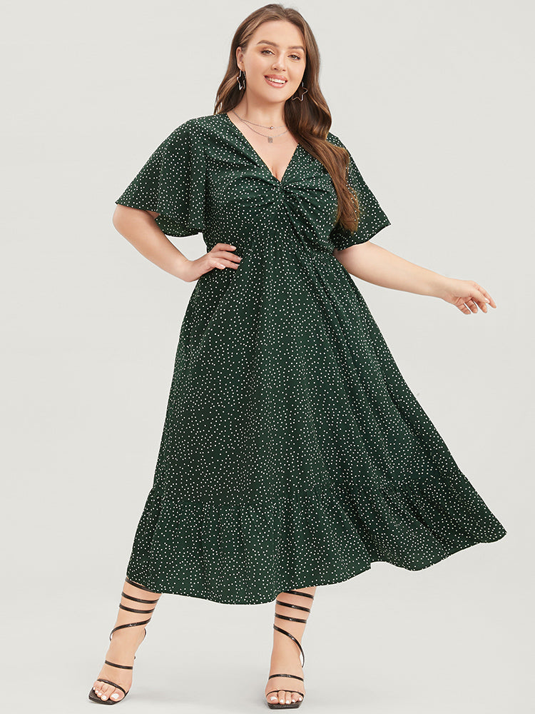 

Plus Size Women Dailywear Polka Dot Twist-front Ruffle Sleeve Short Sleeve V Neck Pocket Elegance Dresses BloomChic, Dark green