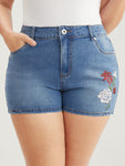 Very Stretchy High Rise Medium Wash Floral Embroidered Denim Shorts