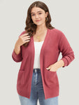 Solid Patched Pocket Open Front Long Sleeve Cardigan