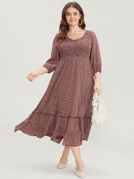V-neck Floral Print Shirred Pocketed Dress With Ruffles