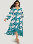 Floral Print Wrap Tassel Trim Lantern Sleeve Dress