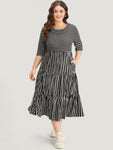 Striped Crew Neck Ruffle Layered Hem Dress