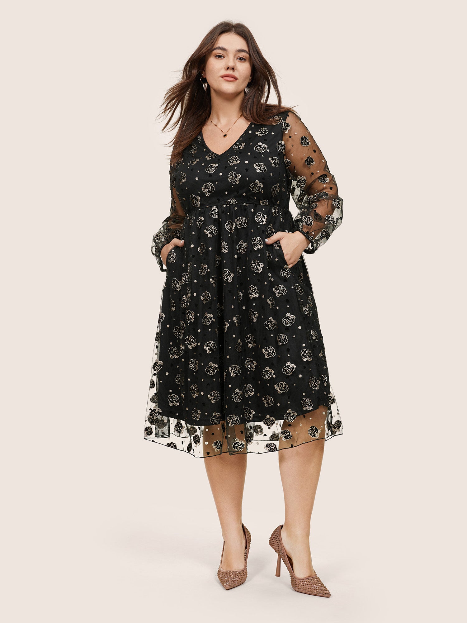 

Plus Size Women Going out Floral Elastic cuffs Regular Sleeve Long Sleeve V Neck Pocket Party Dresses BloomChic, Black flower