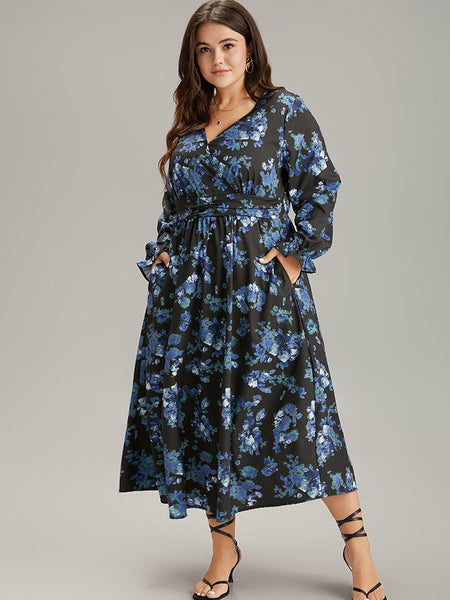 Floral Print Pocketed Wrap Dress