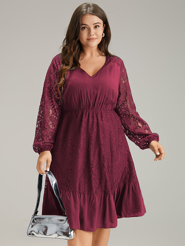 

Plus Size Women Dailywear Plain Elastic cuffs Lantern Sleeve Long Sleeve V-neck Pocket Elegant Dresses BloomChic, Burgundy