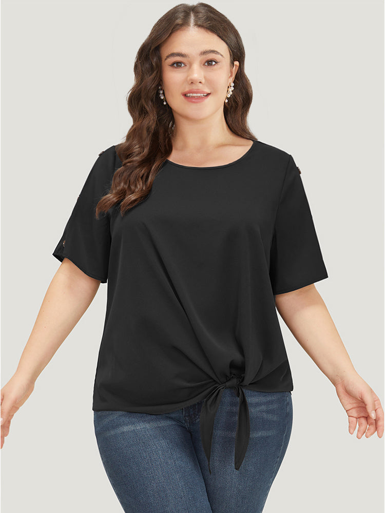 

Plus Size Women Workwear Plain Regular Sleeve Short Sleeve Round Neck Workleisure Blouses BloomChic, Black