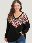 Leopard Print Patchwork V Neck Contrast Trim Sweatshirt