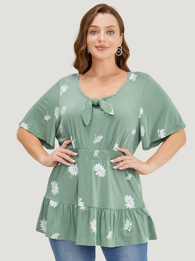 

Plus Size Women Dailywear Floral Bowknot Ruffle Sleeve Short sleeve V-neck Elegant T-shirts BloomChic, Mint