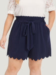 Plain Pocket Paperbag Waist Belted Scalloped Trim Shorts