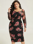 Square Neck Mesh Ruched Floral Print Dress