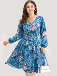 Pleated Floral Print Flutter Sleeves Dress
