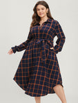 Collared Plaid Print Belted Pocketed Dress