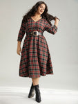 Pocketed Shirred Plaid Print Elasticized Waistline Dress