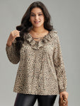 Leopard Print Ties Flutter Trim Blouse