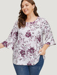 Floral Print Bell Sleeve Crew Neck Blouse