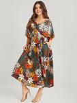 V-neck Pocketed Pleated Floral Print Maxi Dress