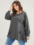 Solid Asymmetrical Hem Distressed Drop Shoulder Sweatshirt