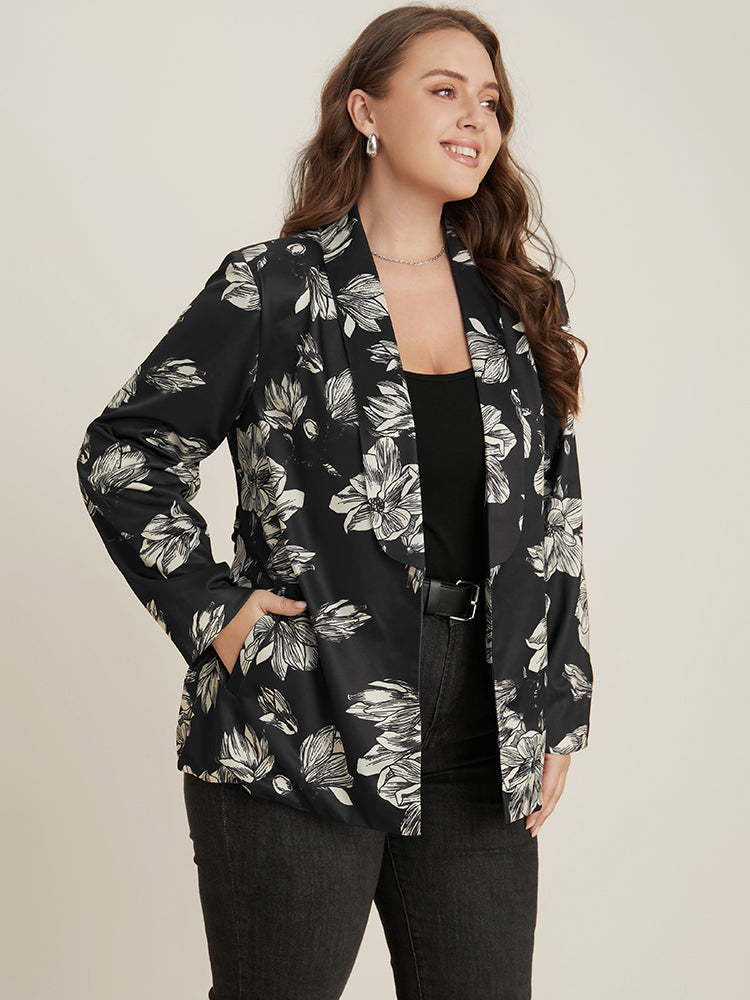 Floral Pocket Belted Lapel Collar Blazer