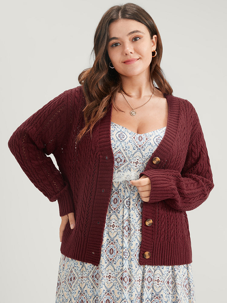

Solid Pointelle Knit Eyelet Button Front Cardigan BloomChic, Maroon