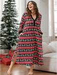 Elk Print Button Up Pocket Split Striped Dress