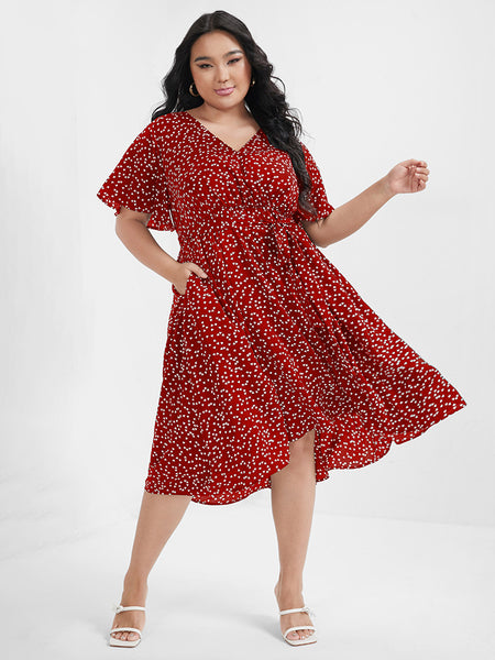 General Print Pocketed Dress With Ruffles