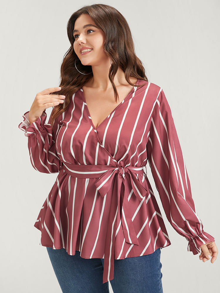 

Plus Size Women Dailywear Striped Ties Lantern Sleeve Long Sleeve V Neck Elegance Blouses BloomChic, Dusty pink