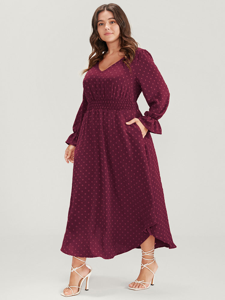 

Plus Size Women Dailywear Polka Dot Arc Hem Lantern Sleeve Long Sleeve V-neck Pocket Elegant Dresses BloomChic, Burgundy