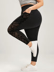 Solid Mesh Insert Wide Waistband Pocket Leggings