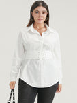 Solid Button Up Belted Lapel Collar Blouse
