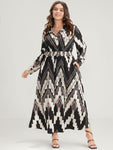 Geometric Print Collared Shirred Pocketed Dress