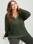Plain Pointelle Knit Pearl Beaded Neck Cable Knit Top