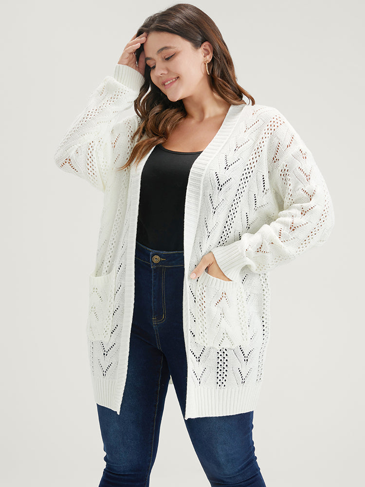 

Solid Pointelle Knit Pocket Geometric Crochet Open Front Cardigan BloomChic, White