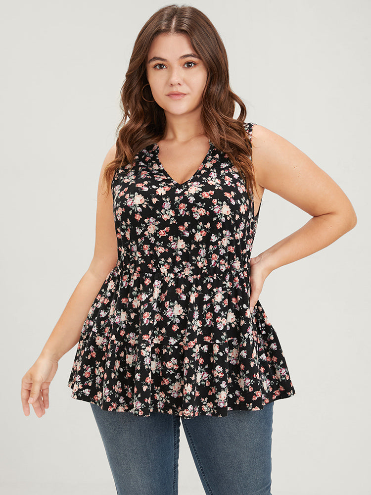 

Plus Size Women Dailywear Ditsy Floral Printed Regular Sleeve Sleeveless V-neck Elegance Tank Tops Camis BloomChic, Black